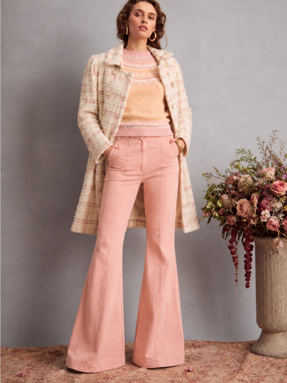 LoveShackFancy Meyerson Flared Pants Tuscany Pink High Rise Bell Bottom Size 8